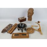 Wooden collectables to include cribbage boards, carved bowl,