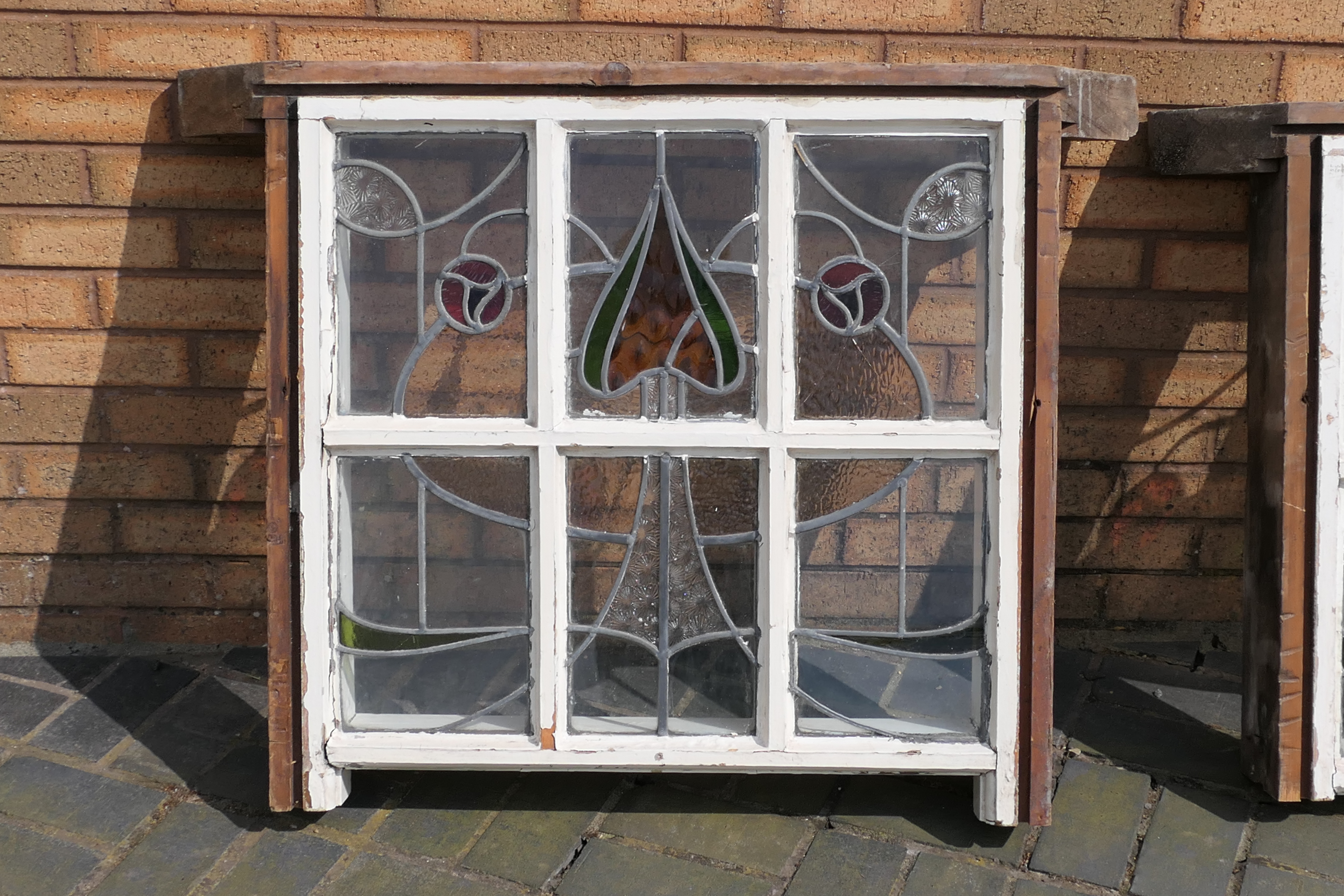 Two Arts and Crafts, leaded and stained glass window panes, approximately 75 cm x 80 cm, - Image 2 of 6