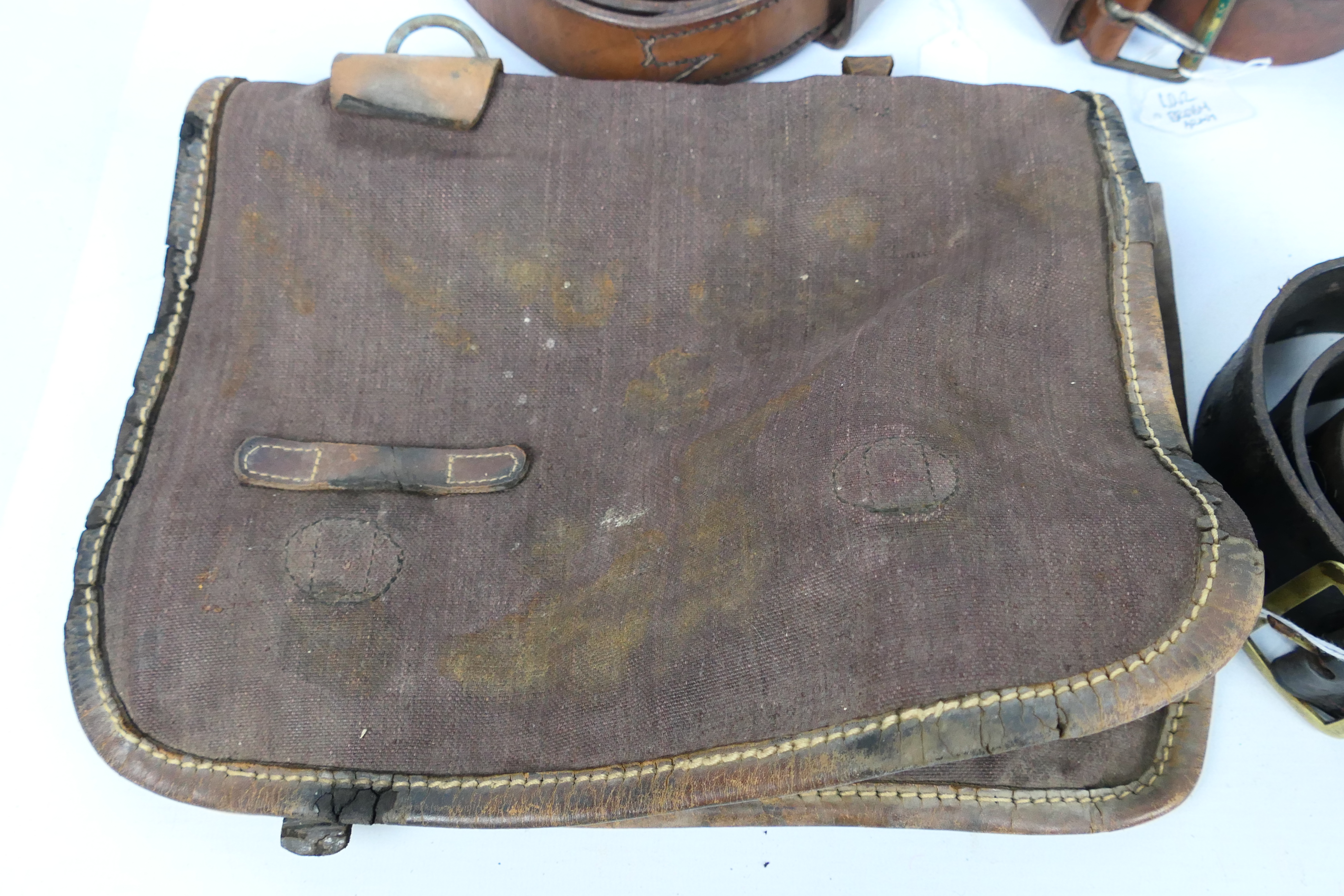 Lot to include military belts, canvas and leather pouch and a water canteen. - Image 5 of 5