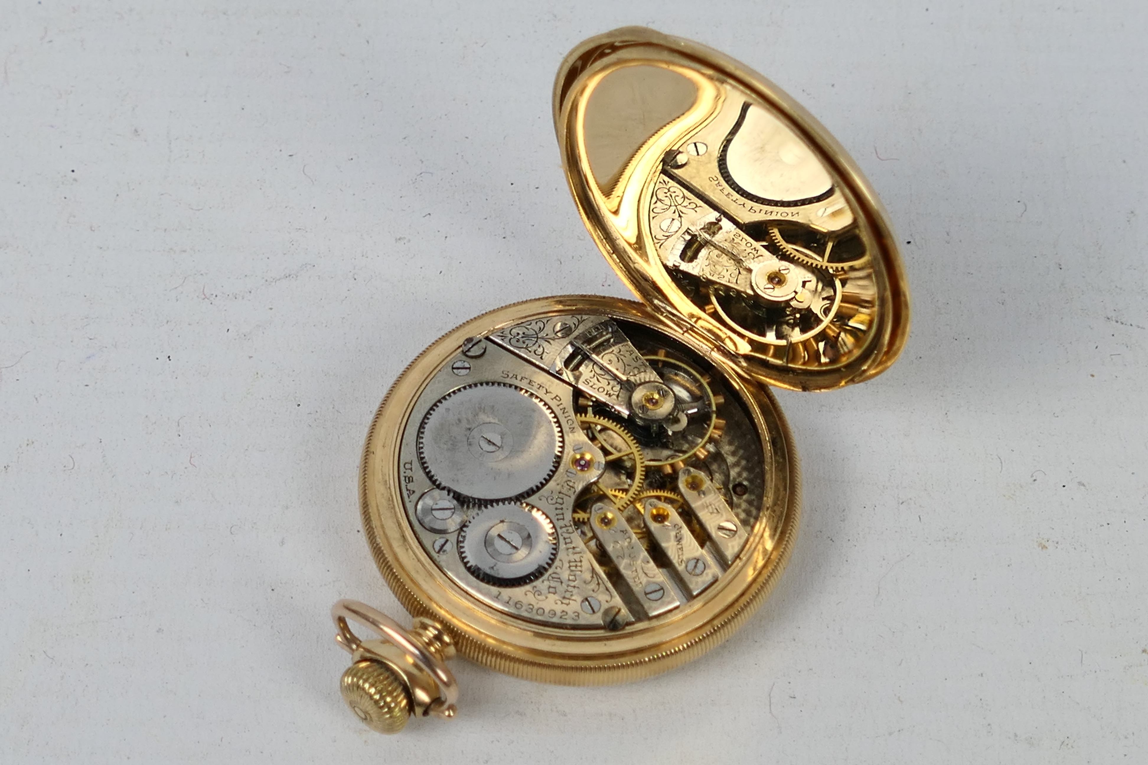 A mid-purity yellow metal cased pocket watch, the case stamped 14K, the dust cover stamped . - Image 8 of 9