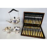 A cased set of plated fish knives and forks for twelve settings and an Art Deco style tea service.