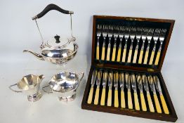 A cased set of plated fish knives and forks for twelve settings and an Art Deco style tea service.