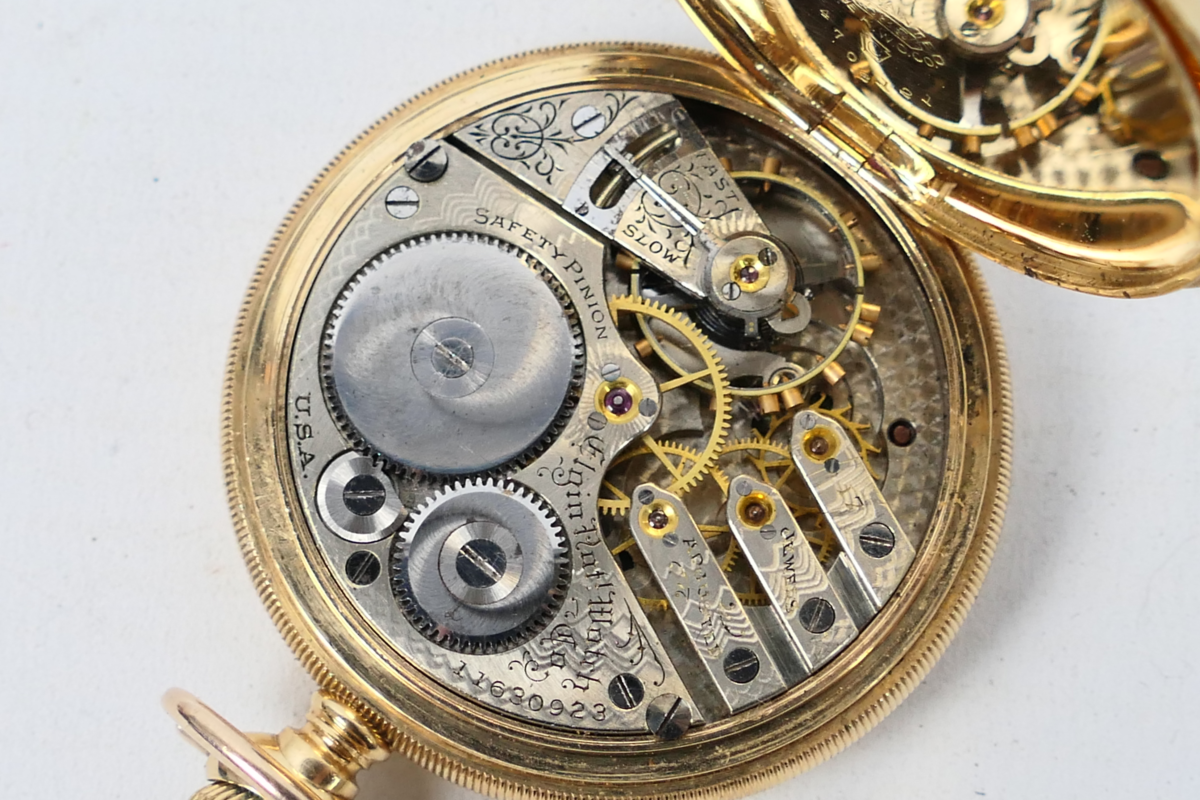 A mid-purity yellow metal cased pocket watch, the case stamped 14K, the dust cover stamped . - Image 9 of 9