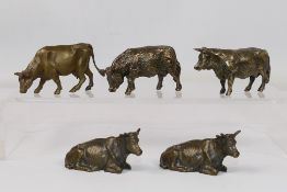 5 x bronze bull figures. All in similar sizes. Largest is 7 1/2 cm (l). Appear in good condition.