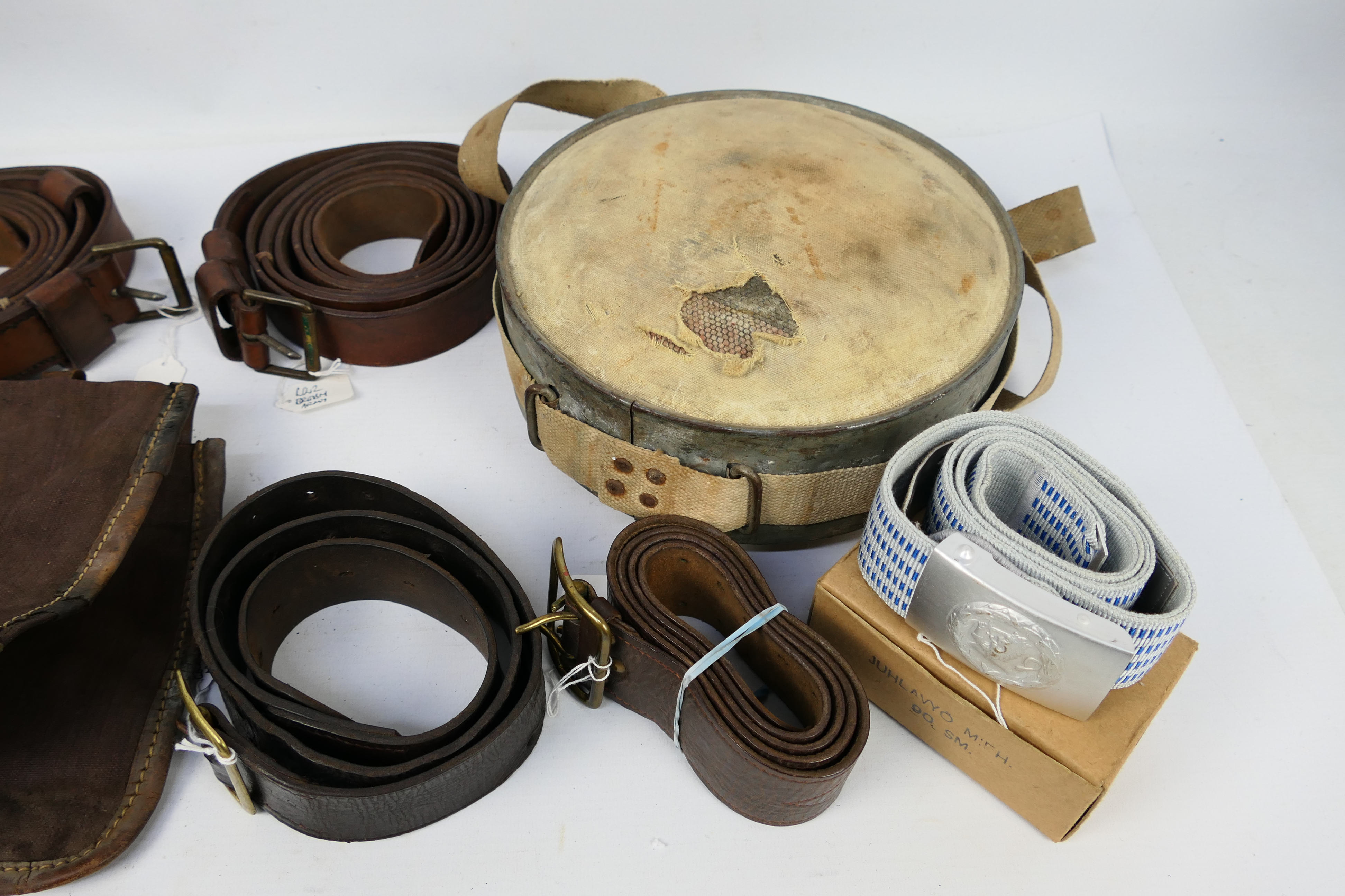 Lot to include military belts, canvas and leather pouch and a water canteen. - Image 3 of 5