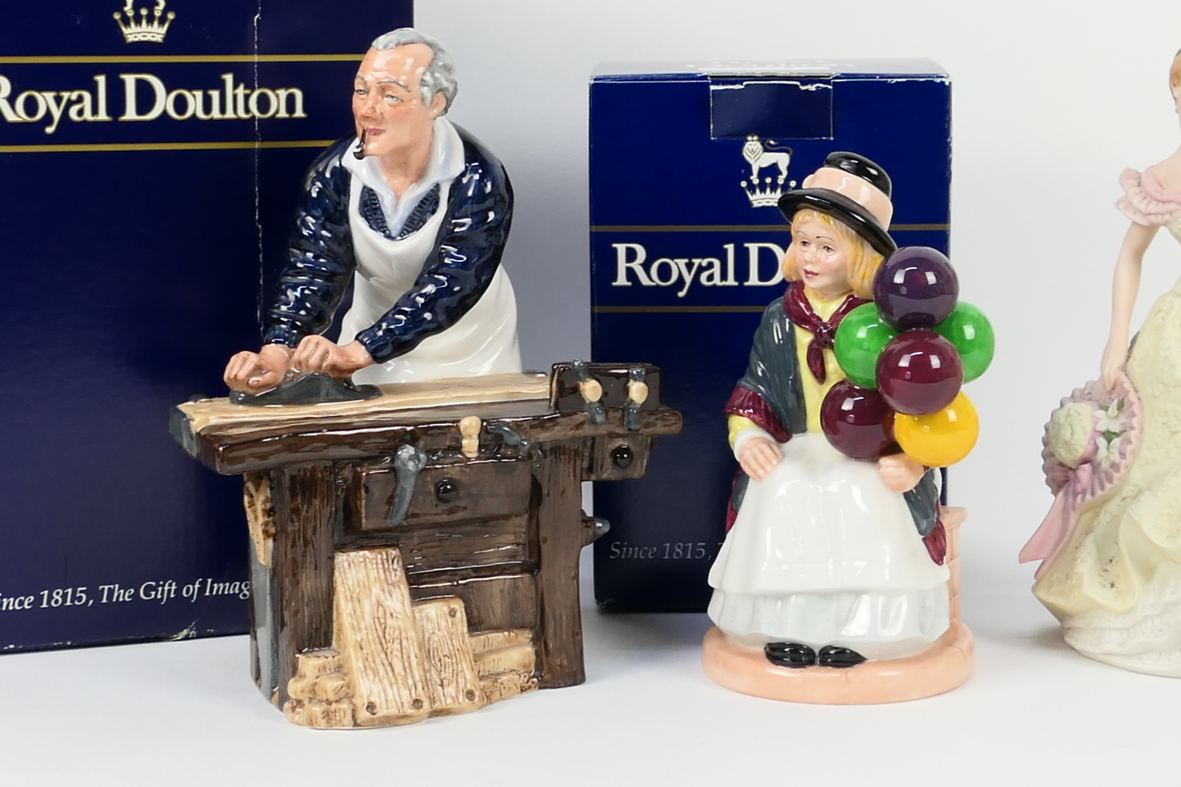 Two Royal Doulton figures comprising # HN2818 Balloon Girl (boxed) and # HN2678 The Carpenter (in - Image 2 of 6