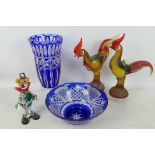 A cut to clear vase and bowl and Murano style figures