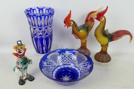 A cut to clear vase and bowl and Murano style figures