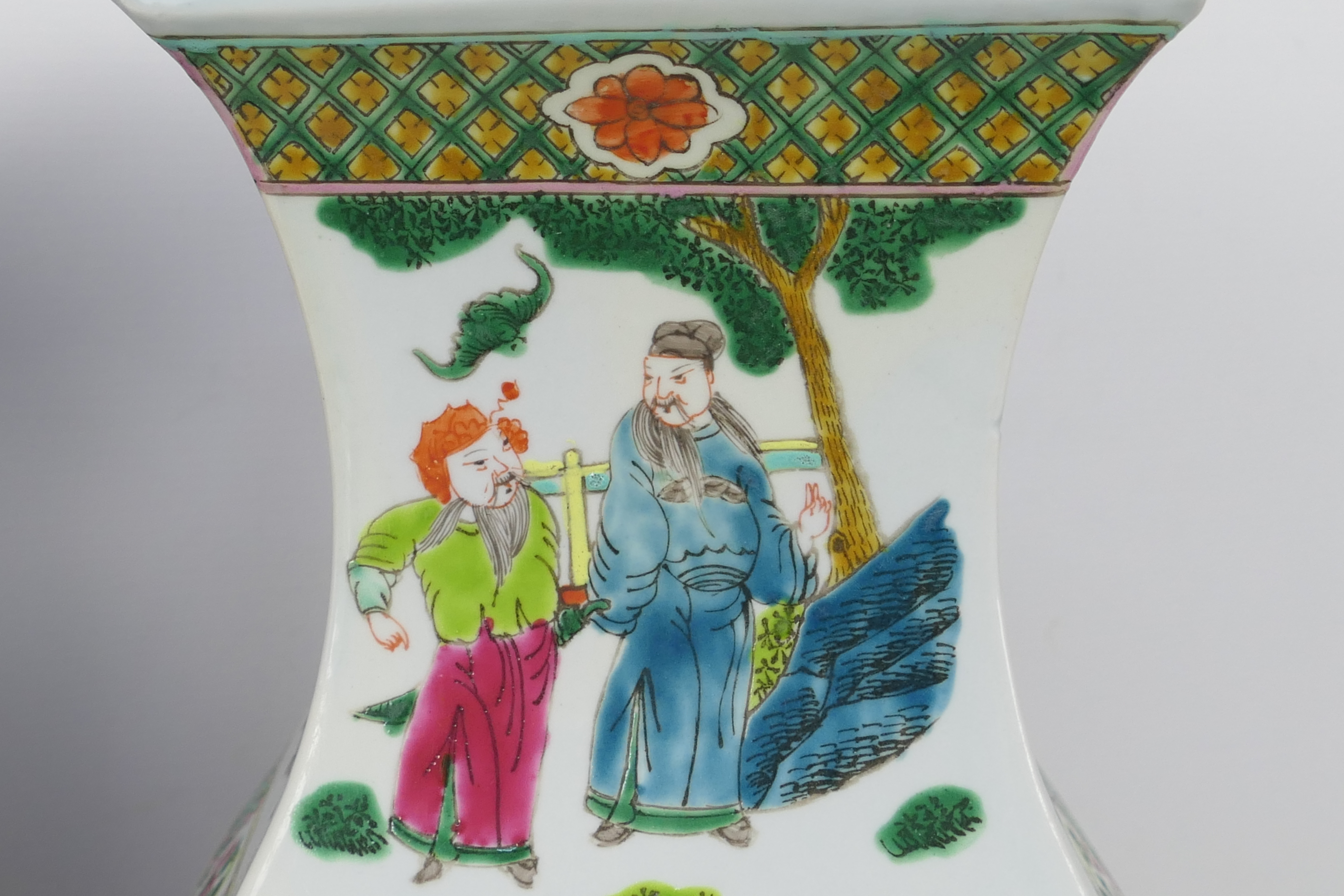 A large pair of famille rose square section vases decorated with panels of figures in court scenes - Image 9 of 12