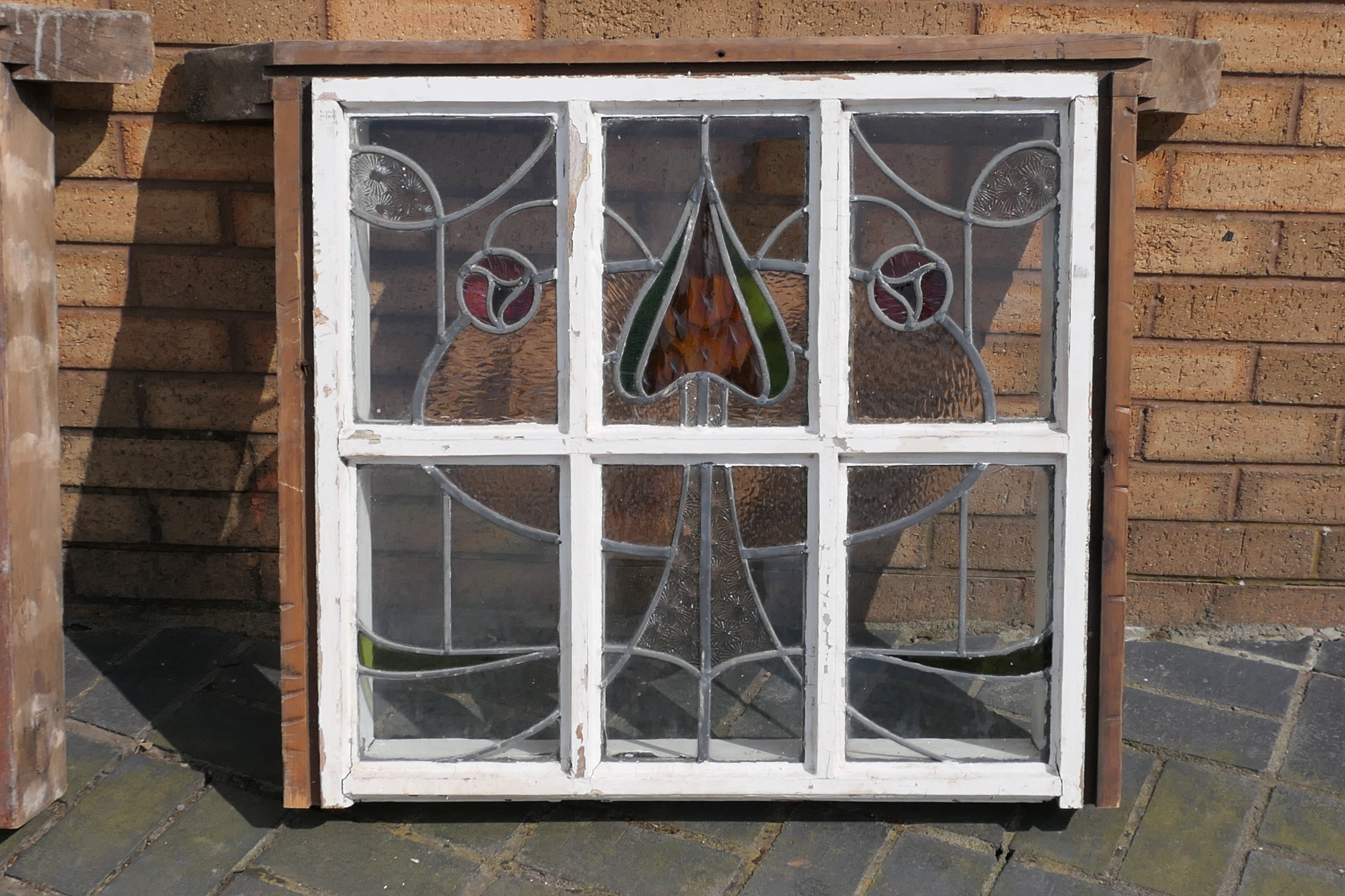 Two Arts and Crafts, leaded and stained glass window panes, approximately 75 cm x 80 cm, - Image 3 of 6