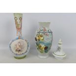 Two glass vases with hand painted decoration, one with a panel of putti with foliate surround,