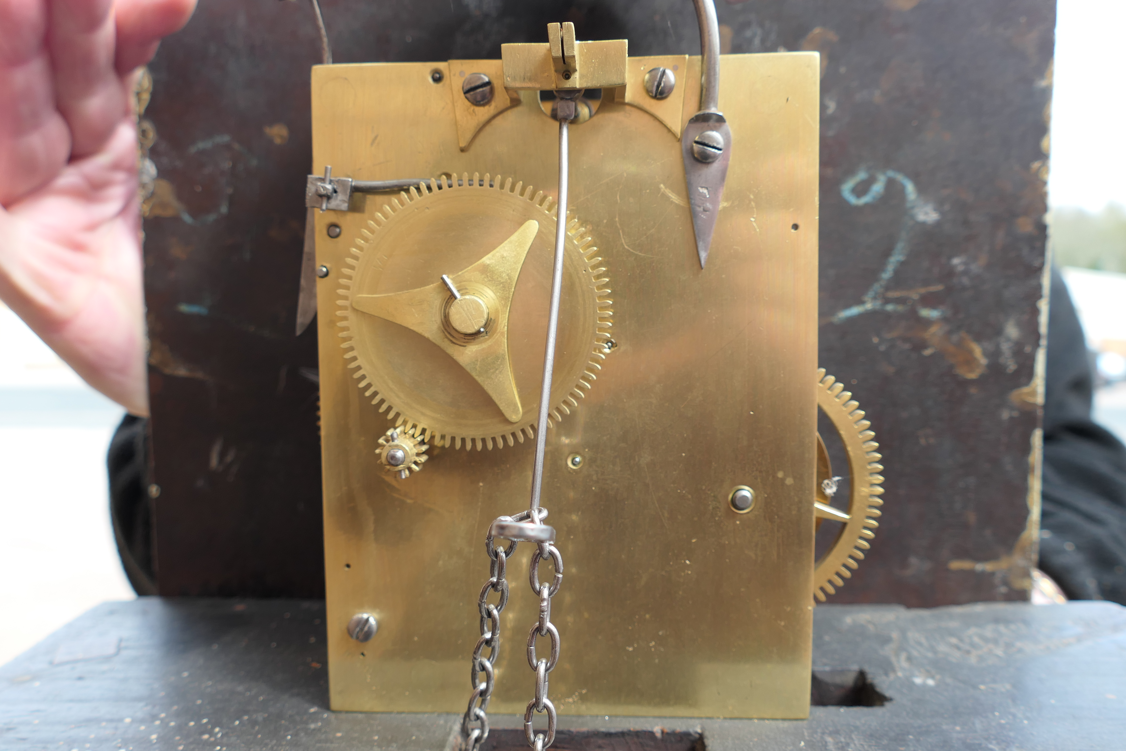 A mid-19th century oak cased 30-hour longcase clock, the hood surmounted by swan-necked pediment, - Image 8 of 8