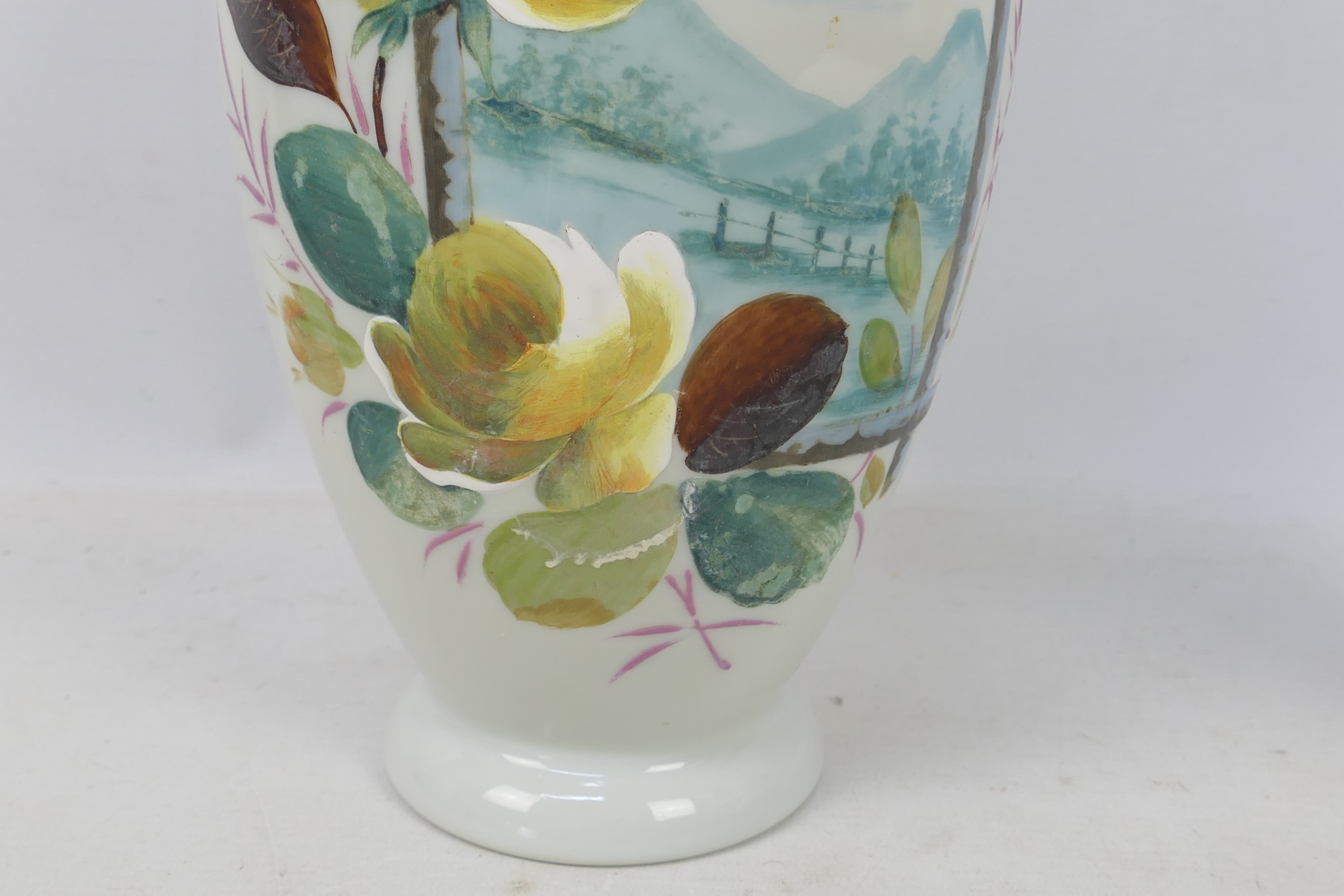 Two glass vases with hand painted decoration, one with a panel of putti with foliate surround, - Image 7 of 10