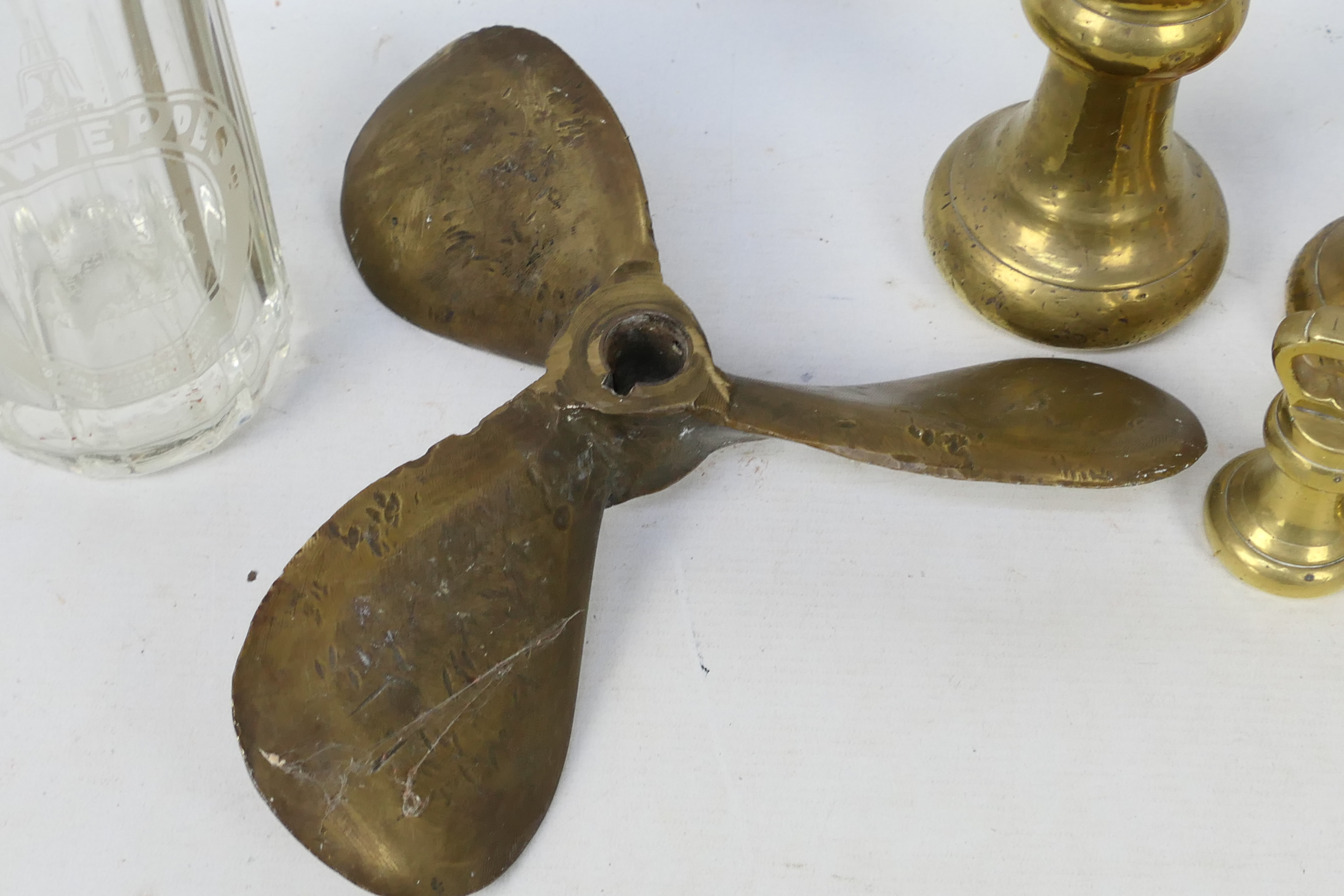 A brass propeller, brass weights and a vintage Schweppes soda syphon. - Image 3 of 8