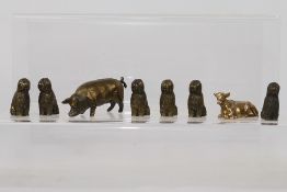 8 x bronze cow, pig, and dog figures. All in similar sizes. Largest is 5 cm (l).