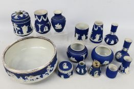 A collection of Adams blue and white Jasperwares to include vases, bowls and similar,