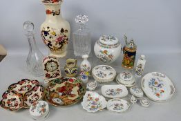 Mixed ceramics to include Masons, Wedgwood and other, also includes two decanters.
