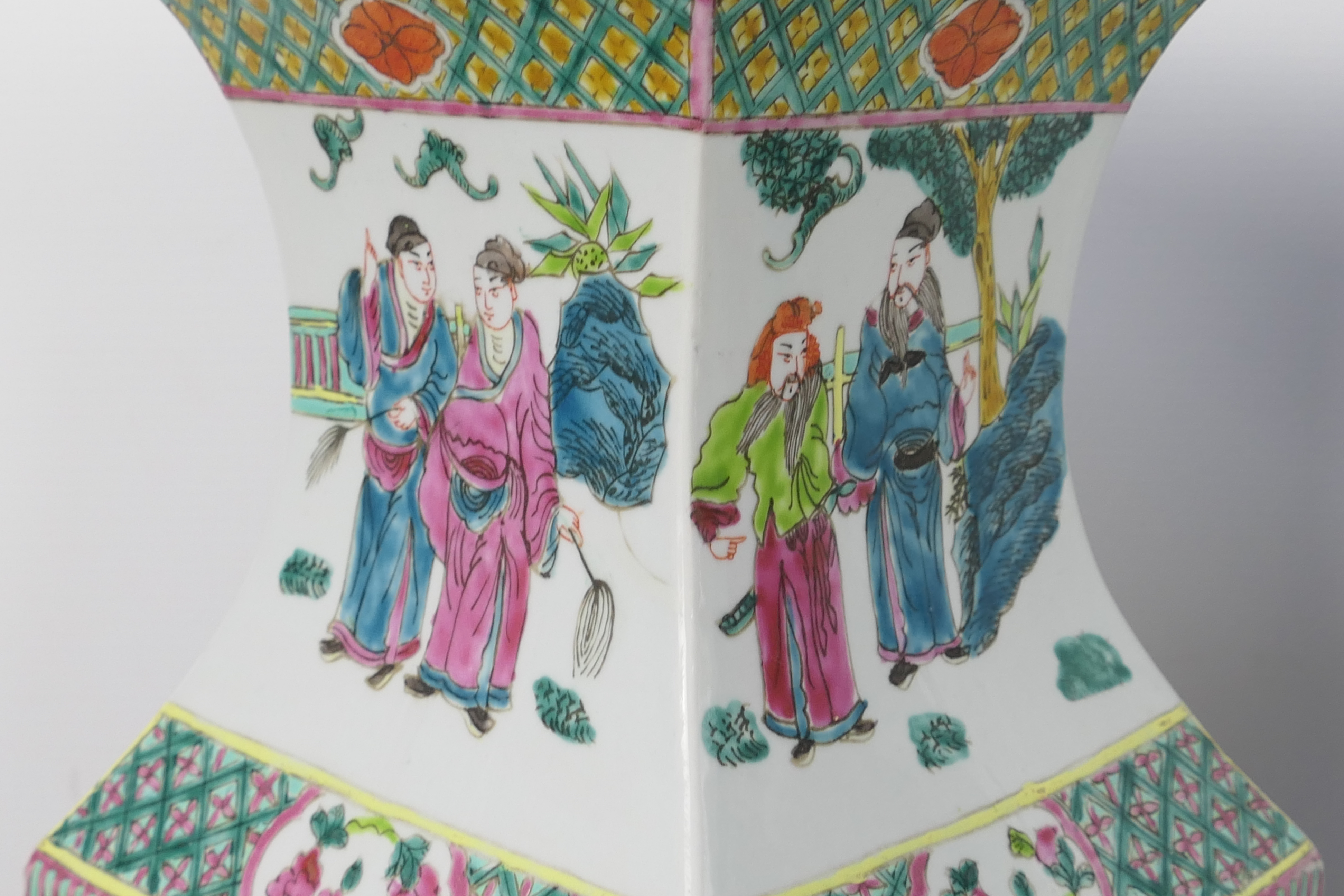 A large pair of famille rose square section vases decorated with panels of figures in court scenes - Image 10 of 12