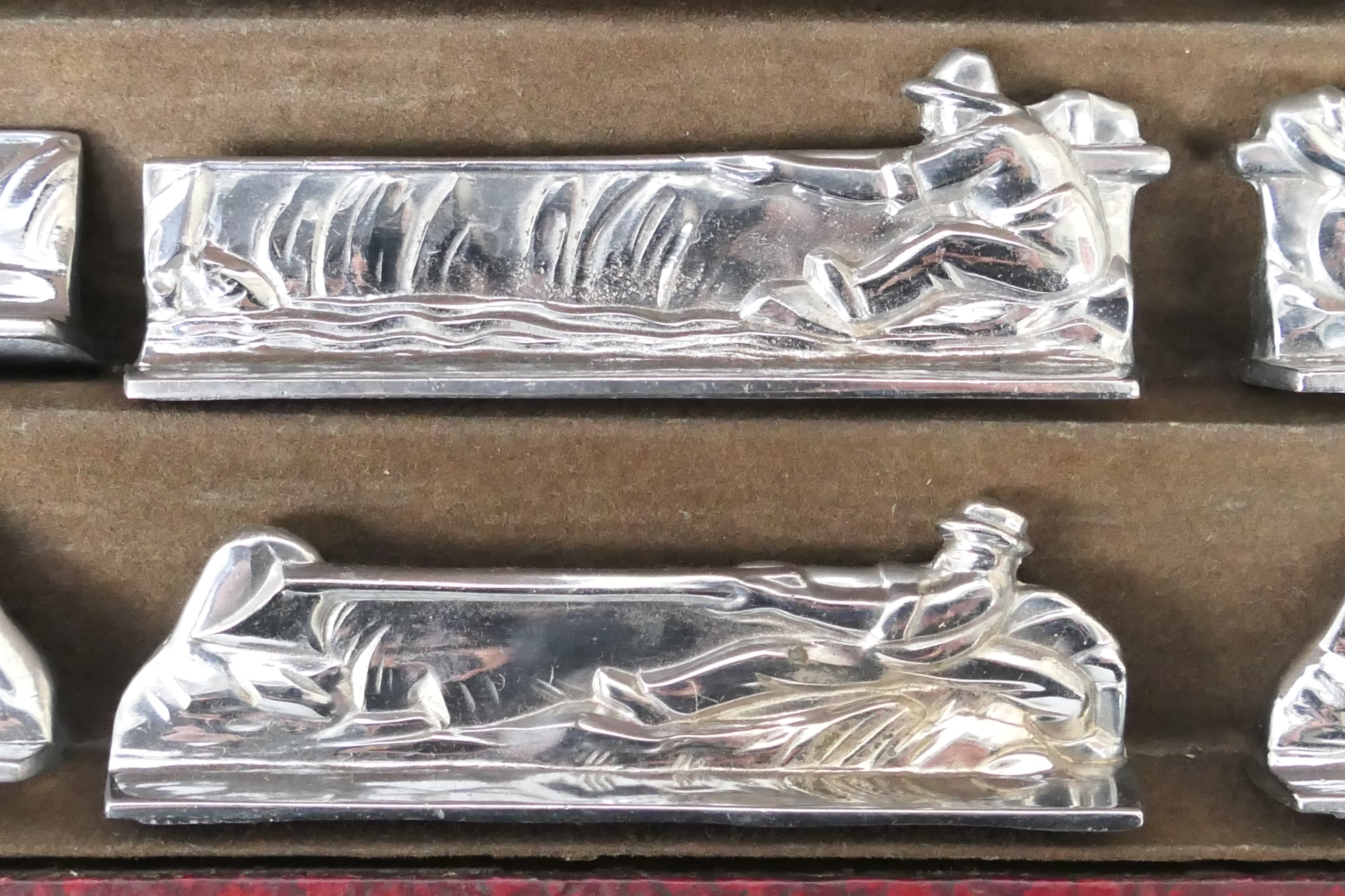 A set of twelve plated knife rests depicting hunting / farming scenes, - Image 6 of 8