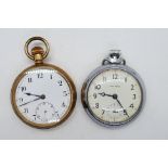 A yellow metal pocket watch, Arabic numerals on a white dial with subsidiary seconds dial,