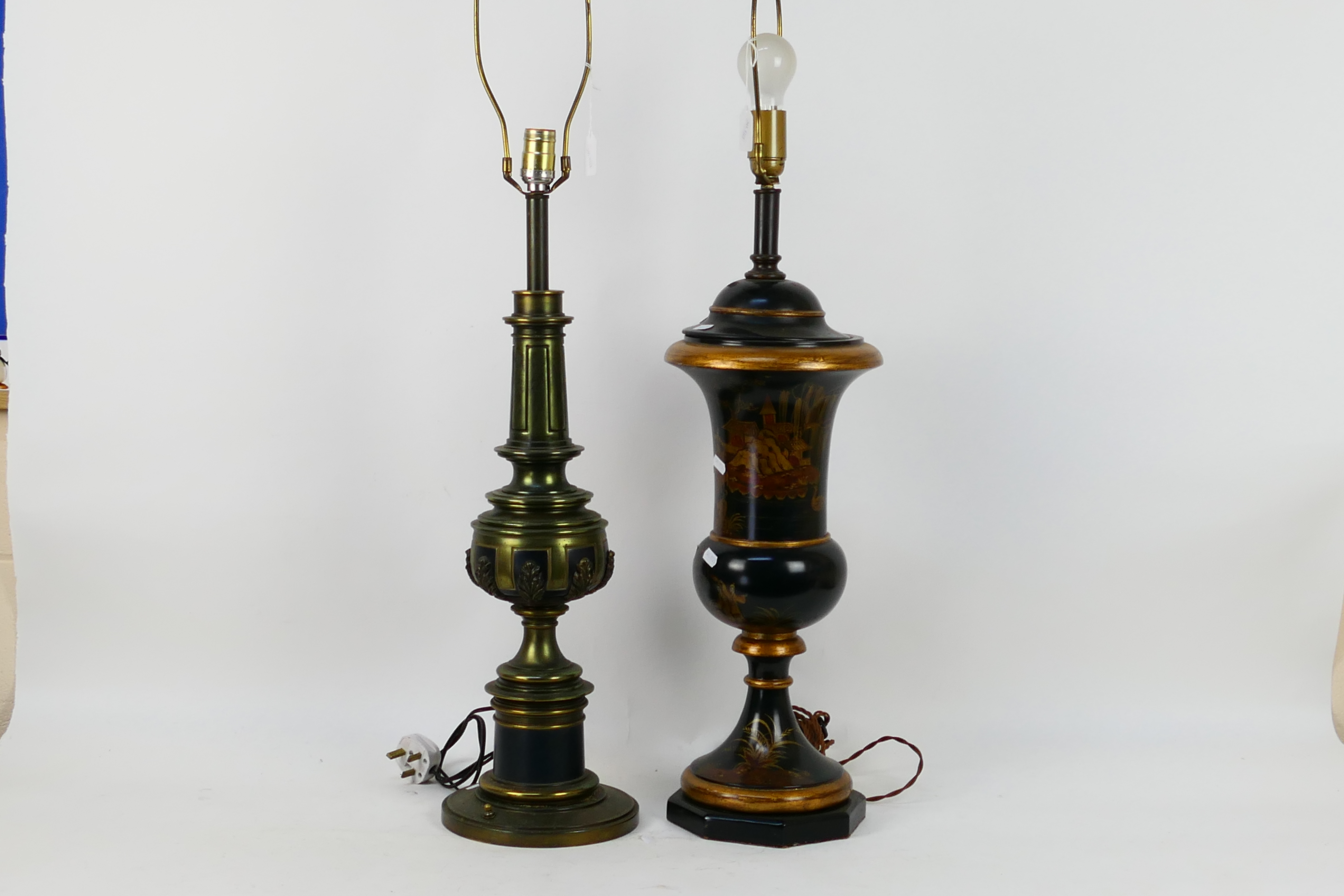Two table lamps, one with Oriental style decoration, largest approximately 96 cm (h).