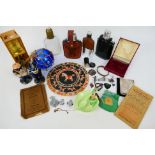 Mixed collectables to include blue glass fishing float, Omega watch box, small quantity of silver,