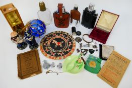 Mixed collectables to include blue glass fishing float, Omega watch box, small quantity of silver,