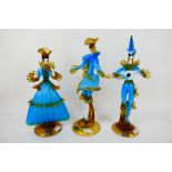 Murano - Three large Venetian glass figures of Commedia dell'arte characters in turquoise,