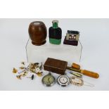 A mixed lot of collectables to include pocket watch, cigarette lighter, hip flask, cufflinks,