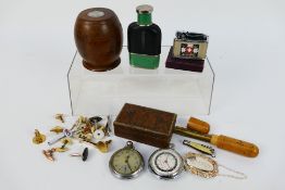 A mixed lot of collectables to include pocket watch, cigarette lighter, hip flask, cufflinks,