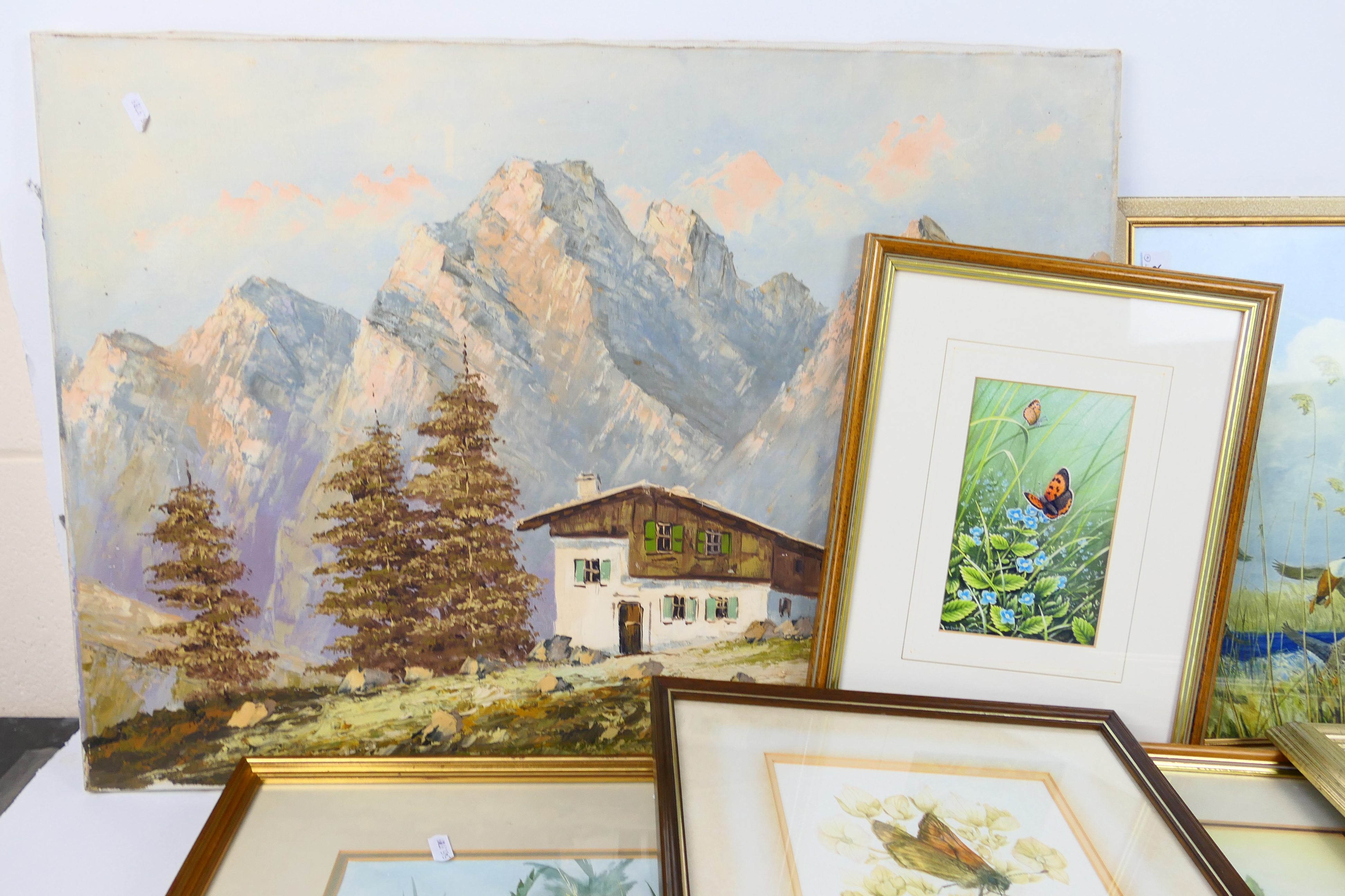 Lot to include framed watercolours, oil on canvas Alpine landscape scene and other, - Image 2 of 4