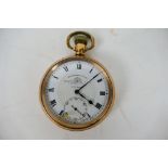 A gold plated Thomas Russell & Son open face pocket watch with Roman numerals to a white dial with