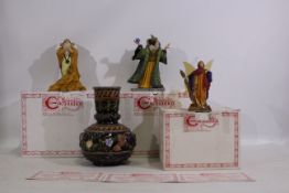 Enchantica - 3 x boxed Enchantica porcelain figures and a presumed Majolica vase - Lot includes a