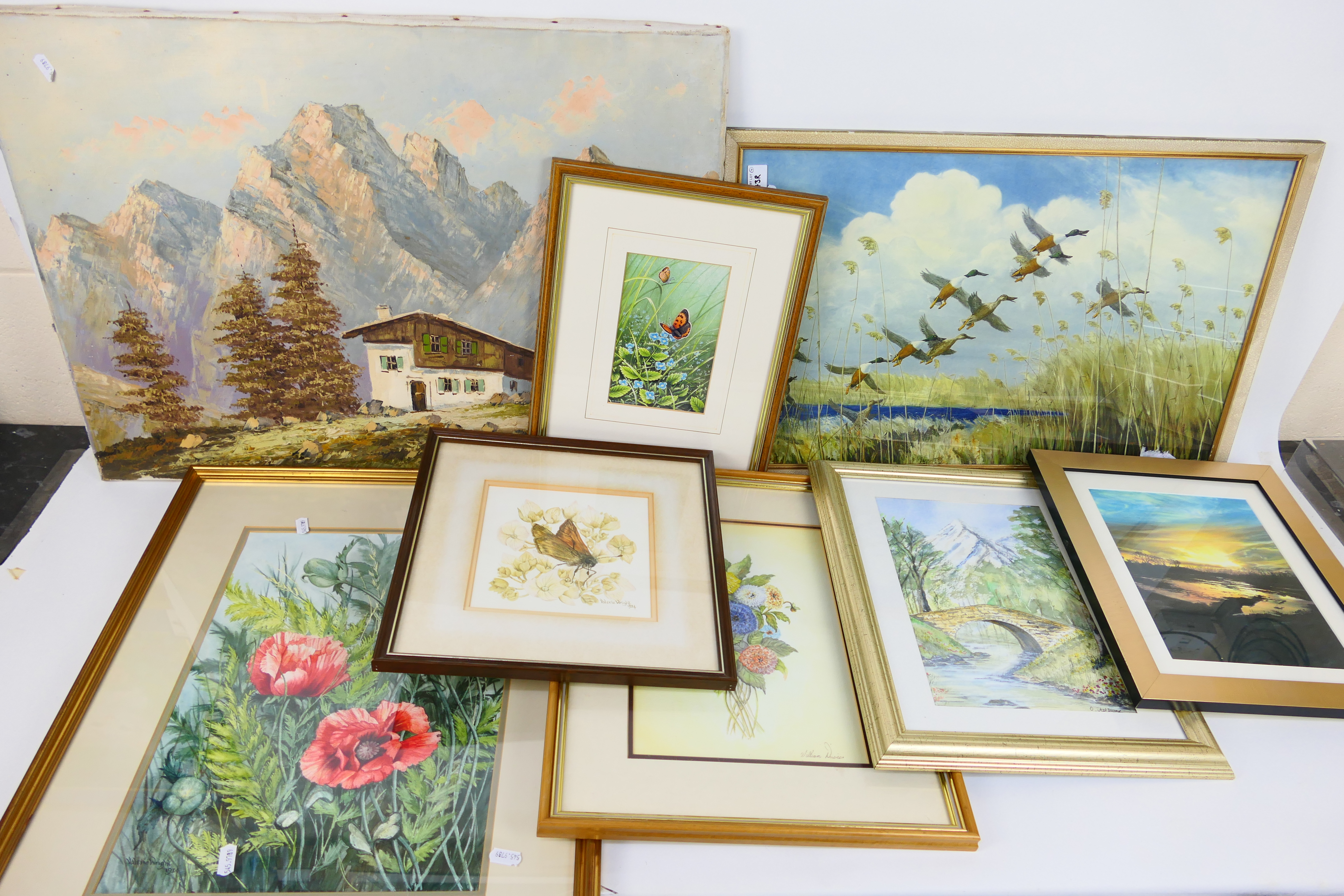 Lot to include framed watercolours, oil on canvas Alpine landscape scene and other,