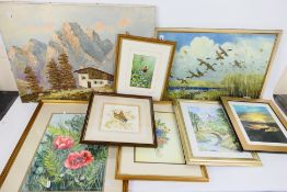 Lot to include framed watercolours, oil on canvas Alpine landscape scene and other,