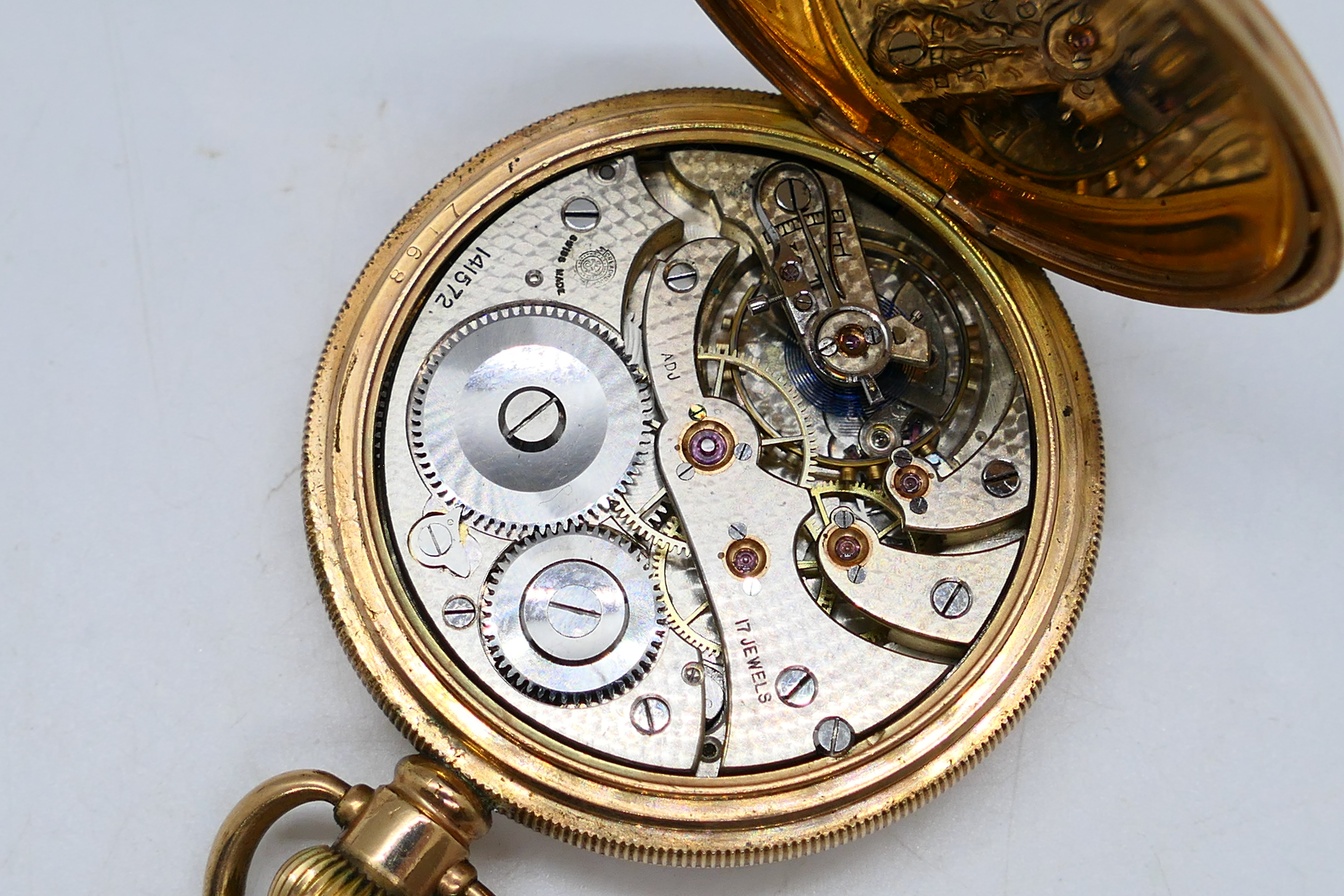 A gold plated full hunter pocket watch, Roman numerals to a white dial with subsidiary seconds dial, - Image 3 of 4