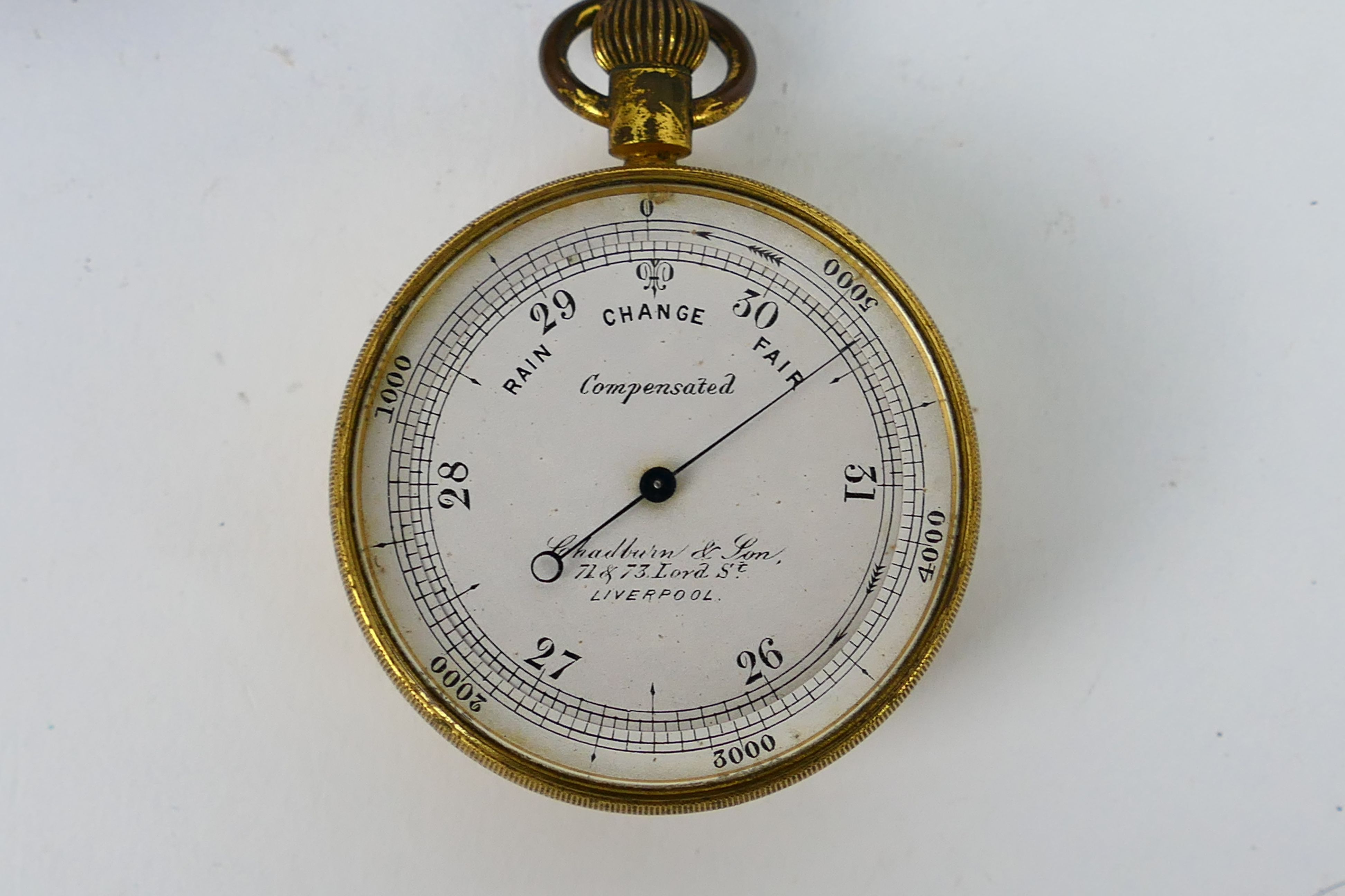 A Chadburn & Son gilt brass cased pocket barometer / compass contained in leather case. - Image 3 of 5