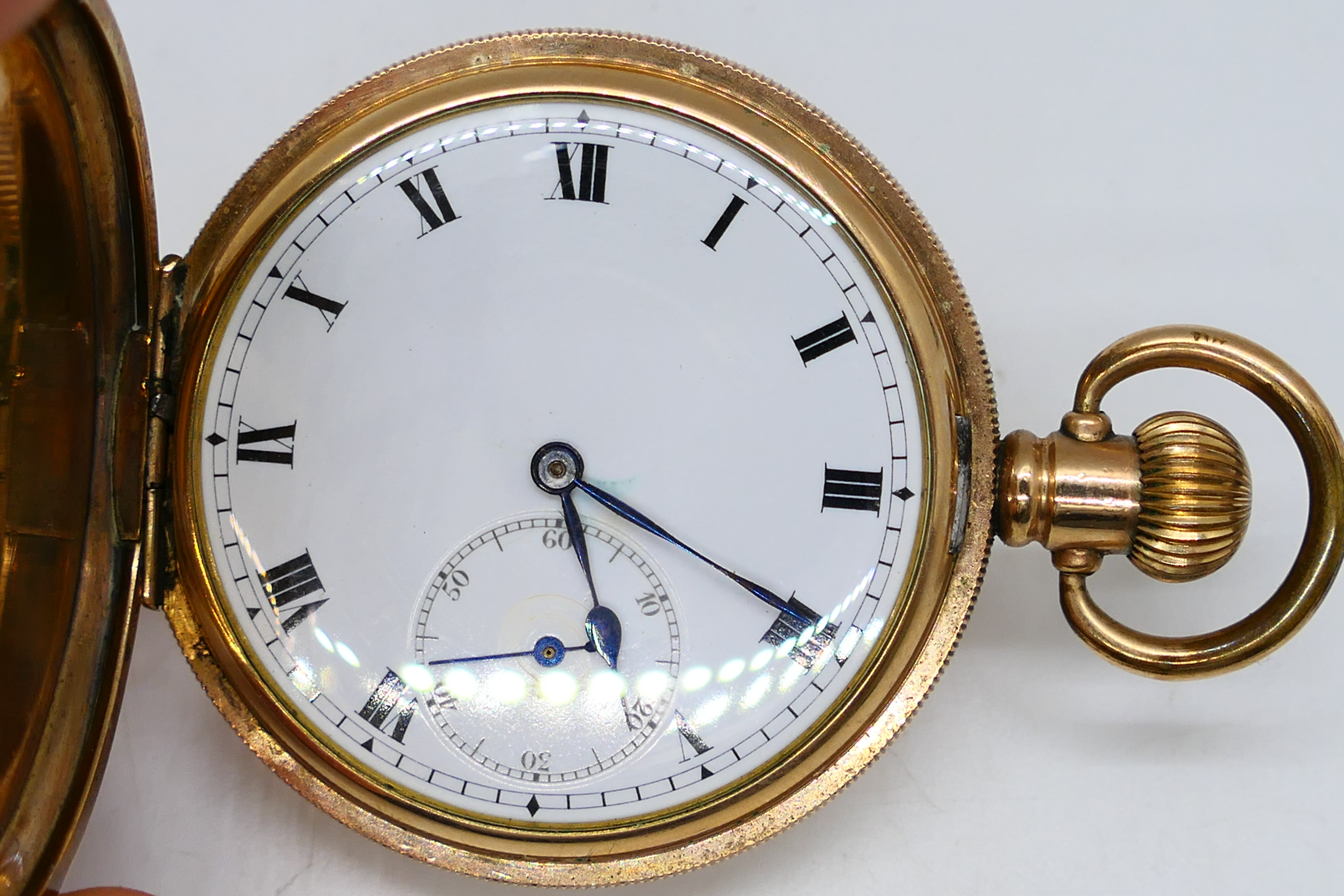 A gold plated full hunter pocket watch, Roman numerals to a white dial with subsidiary seconds dial, - Image 2 of 4