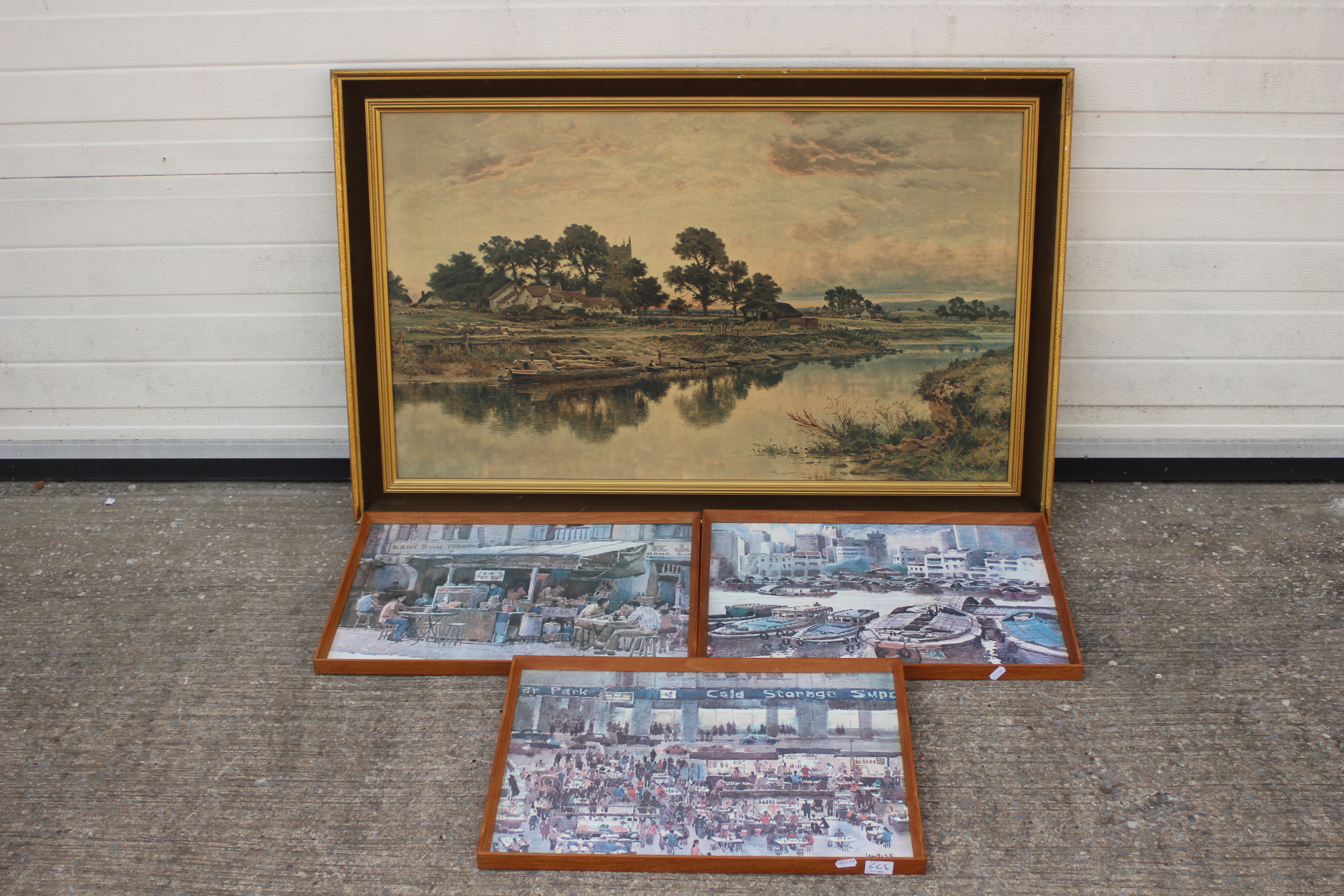 4 x framed prints - Lot includes a framed print depicting a lake with fishing boats on the shore,