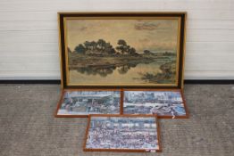 4 x framed prints - Lot includes a framed print depicting a lake with fishing boats on the shore,