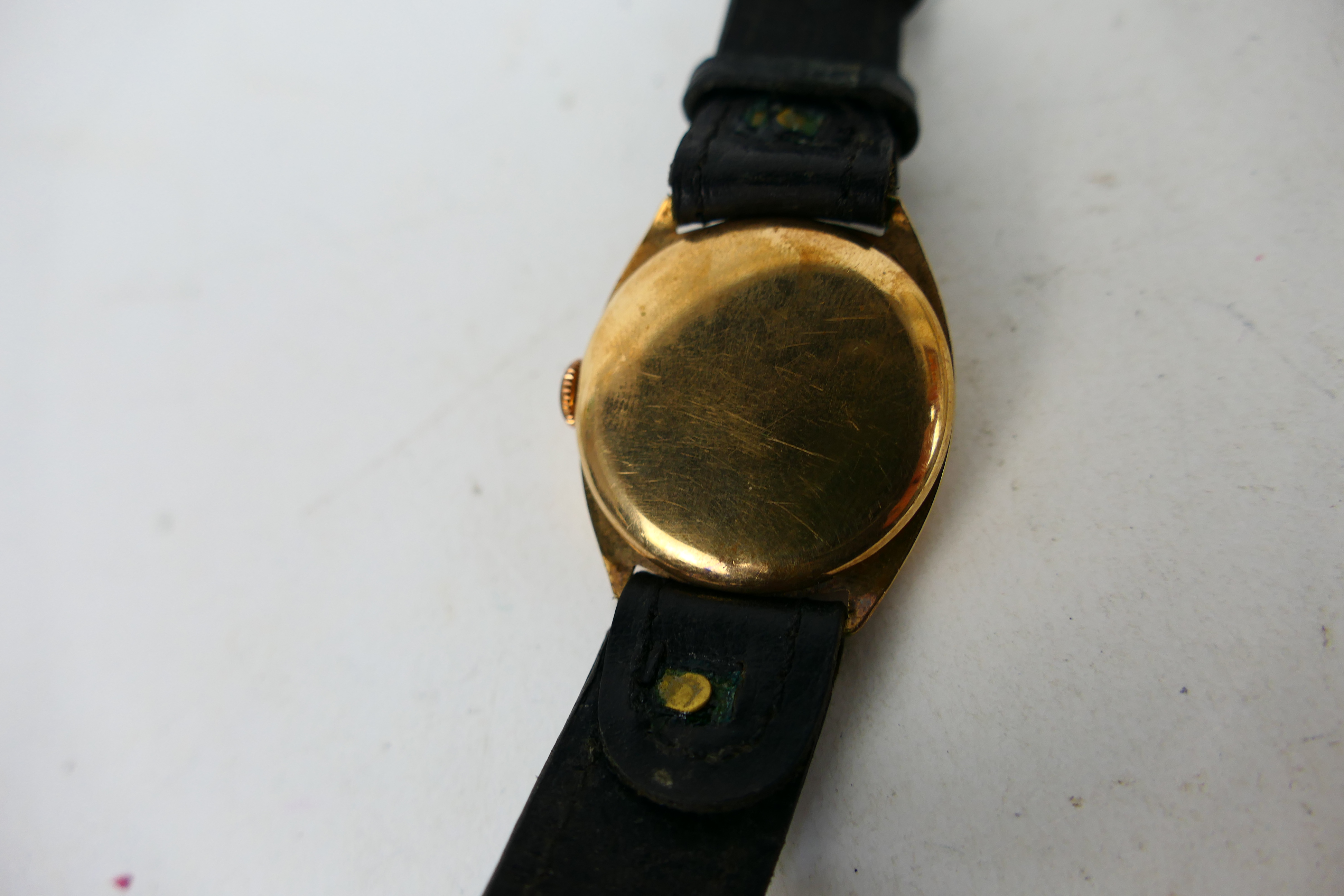 A 9ct yellow gold cased Rone wrist watch on black leather strap. - Image 2 of 3