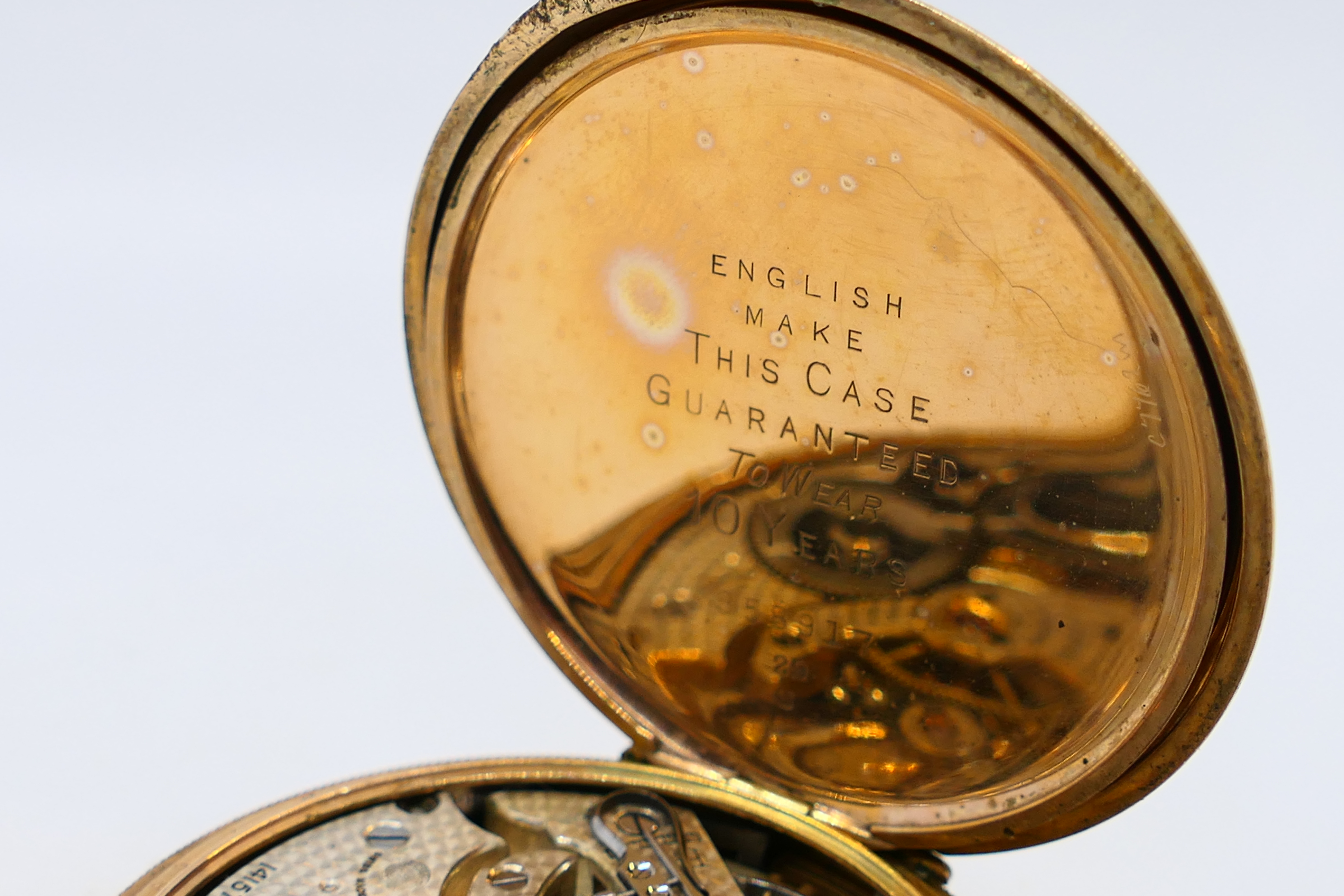 A gold plated full hunter pocket watch, Roman numerals to a white dial with subsidiary seconds dial, - Image 4 of 4