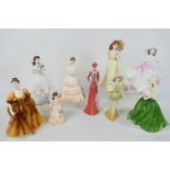 A collection of lady figures, predominantly Coalport, largest approximately 23 cm (h).