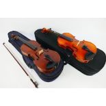 Two cased violins, each approximately 51 cm (l), one with bow.