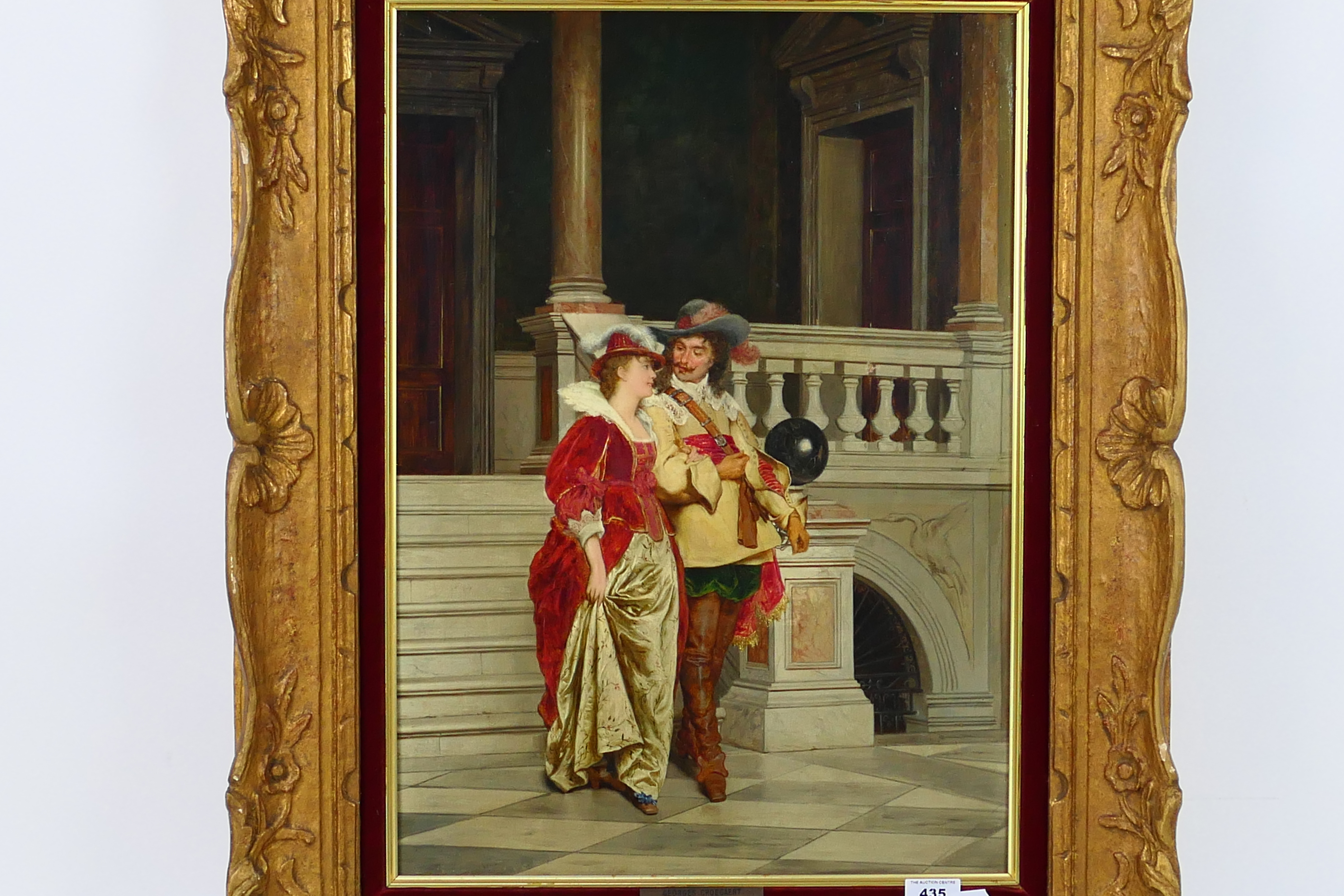 Attributed to Georges Croegaert (Belgian 1848 - 1923), oil on canvas depicting a courting couple, - Image 2 of 6