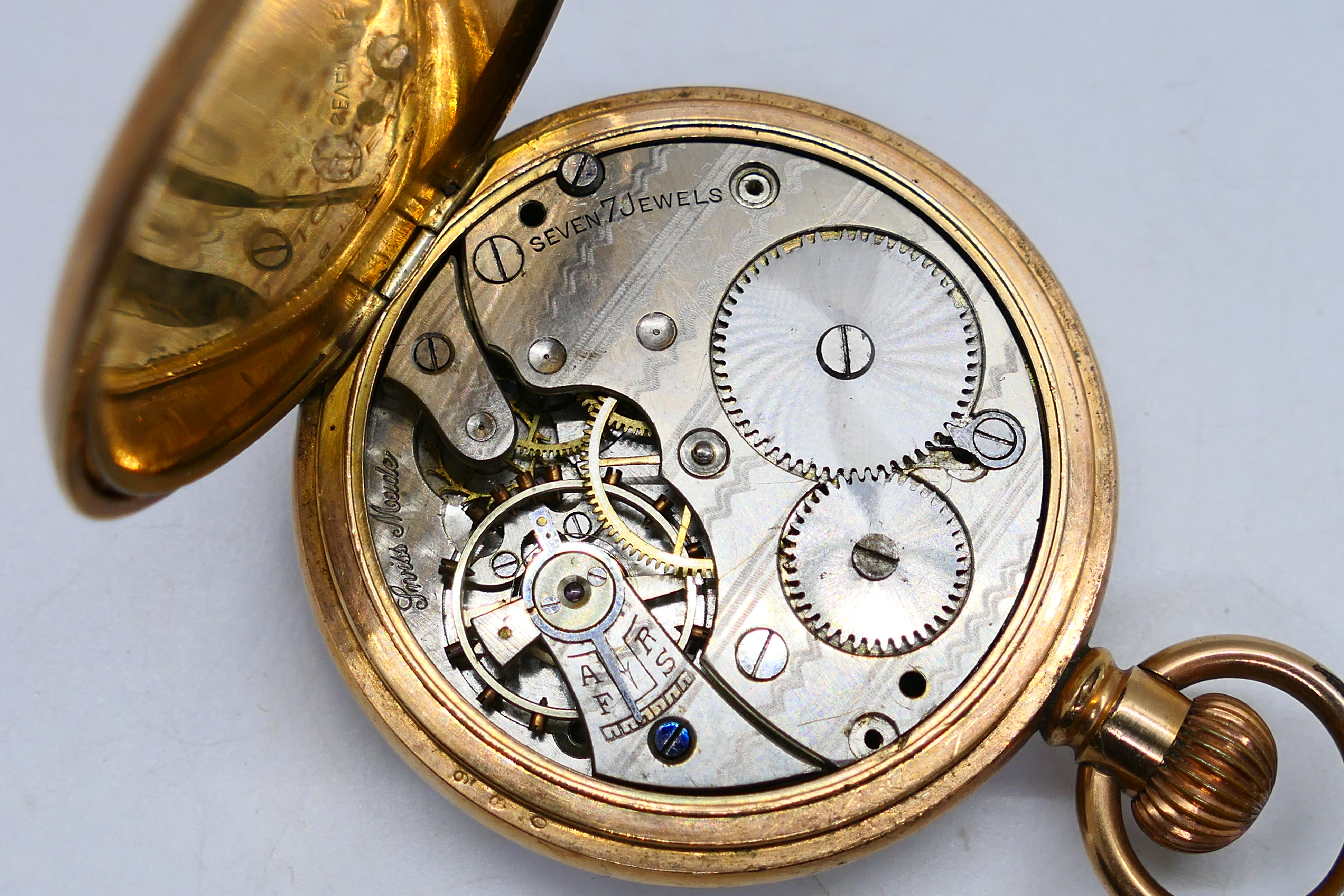 A yellow metal pocket watch, Arabic numerals on a white dial with subsidiary seconds dial, - Image 4 of 4