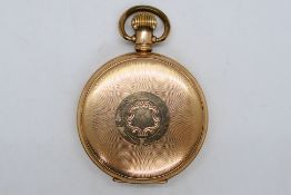 A gold plated full hunter pocket watch, Roman numerals to a white dial with subsidiary seconds dial,