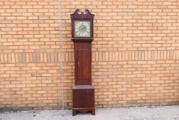 An early 18th century single hand 30-hour longcase clock, simple oak case,