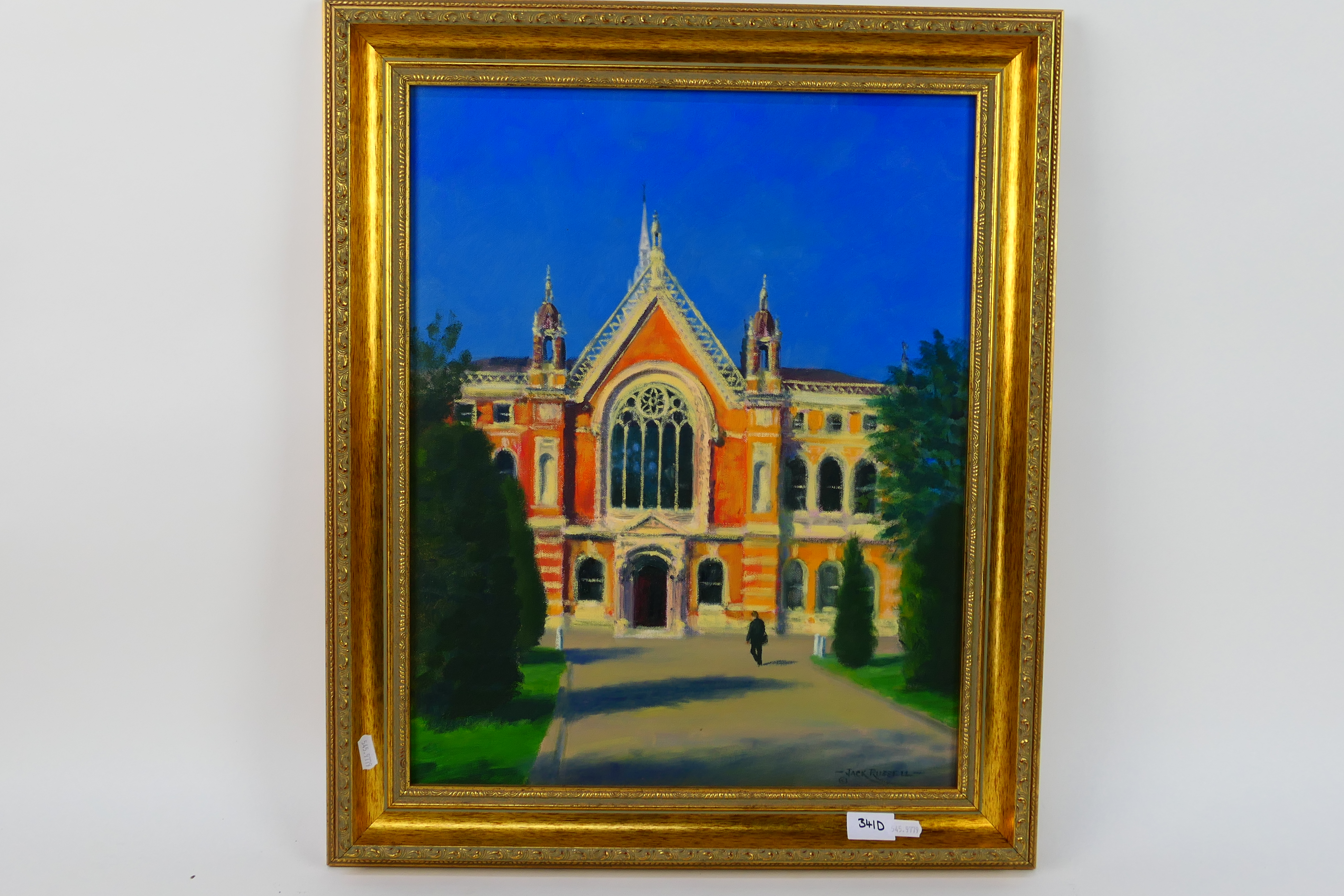 A framed oil on canvas depicting Dulwich College, signed lower right by the artist Jack Russell,