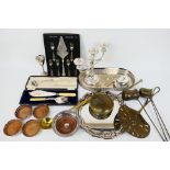 Plated and other metal ware to include a set of three graduated spirit ladles comprising whisky,